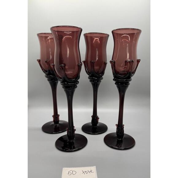 Signed Robert Deeble set of 4 Ruby Hand Blown Glasses Crown base Stunning Set - Picture 1 of 11